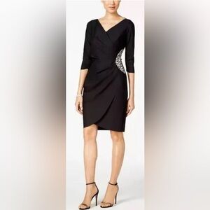 Alex Evenings Women Embellish Compression Ruched Sheath Faux Wrap Dress Black 8